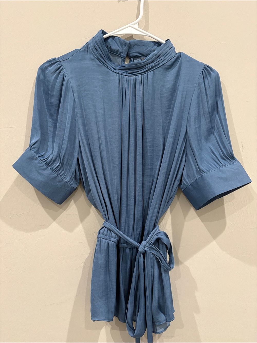 Naked Zebra Dusty Blue Pleated High-Neck Long Sleeve Dress